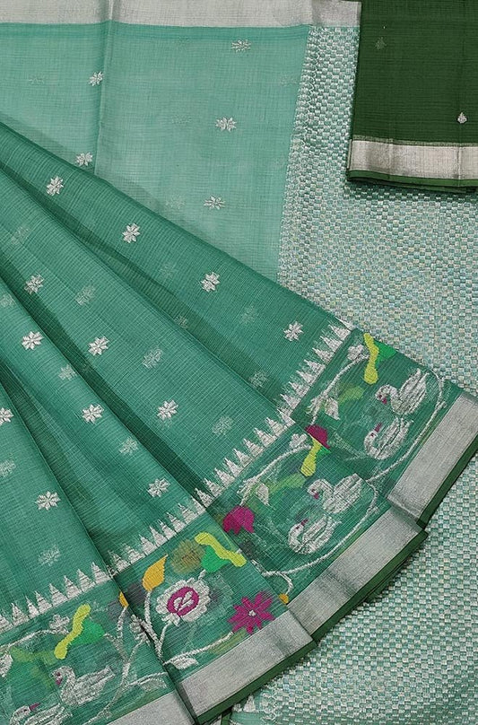 Green Handloom Kota Doria Real Zari Saree - Luxurion World