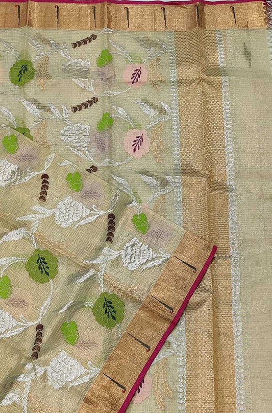 Green Handloom Kota Doria Tissue Silk Real Zari Dupatta - Luxurion World