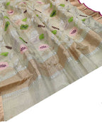 Green Handloom Kota Doria Tissue Silk Real Zari Dupatta - Luxurion World