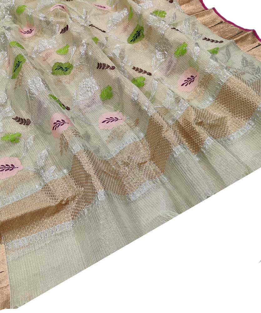 Green Handloom Kota Doria Tissue Silk Real Zari Dupatta - Luxurion World