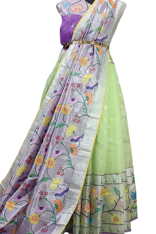 Green Handloom Kota Doria Unstitched Lehenga Set - Luxurion World