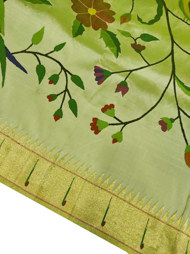 Green Handloom Paithani Pure Silk Bird And Floral Design Saree - Luxurion World
