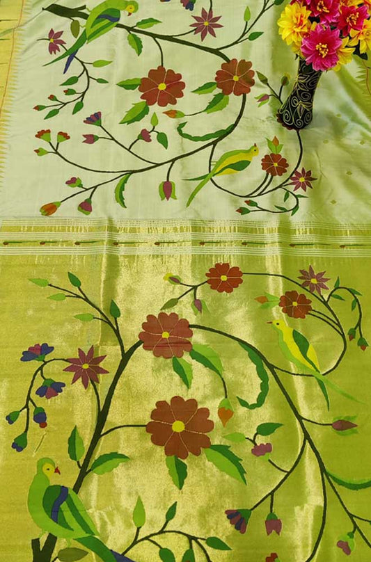 Green Handloom Paithani Pure Silk Bird And Floral Design Saree - Luxurion World