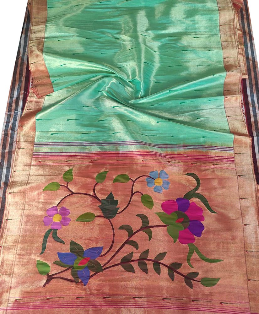 Green Handloom Paithani Pure Silk Muniya Border Floral Design Saree - Luxurion World