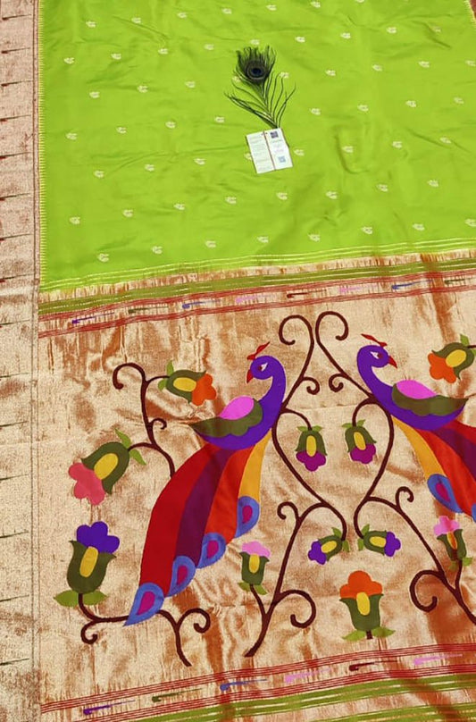 Green Handloom Paithani Pure Silk Muniya Border Peacock And Floral Design Saree - Luxurion World