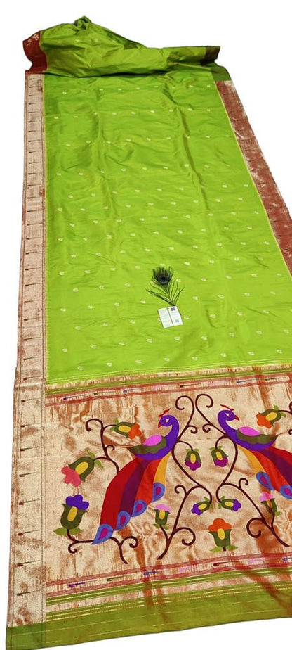 Green Handloom Paithani Pure Silk Muniya Border Peacock And Floral Design Saree Luxurionworld