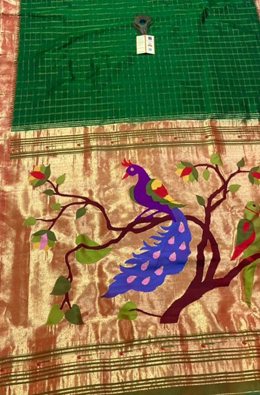 Green Handloom Paithani Pure Silk Muniya Border Peacock And Parrot Design Saree - Luxurion World