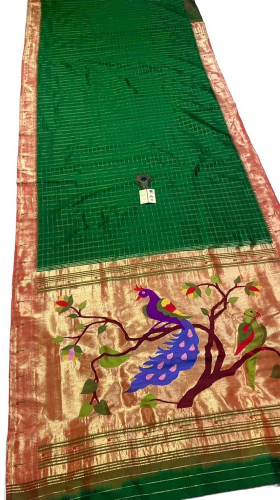 Green Handloom Paithani Pure Silk Muniya Border Peacock And Parrot Design Saree - Luxurion World