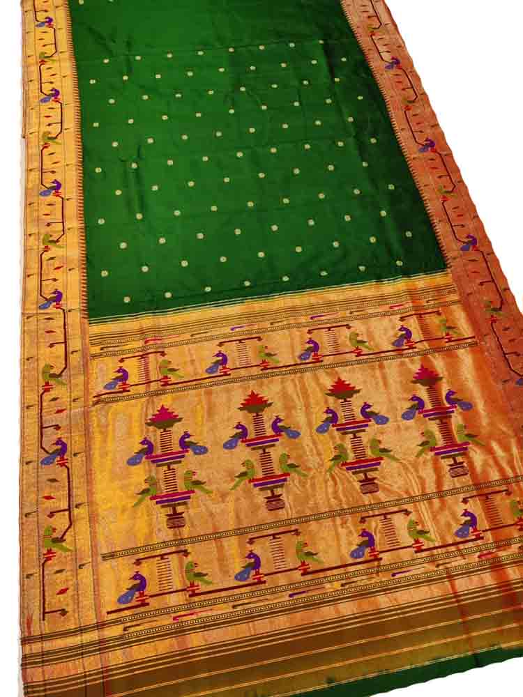 Green Handloom Paithani Pure Silk Muniya Border Peacock Design Saree - Luxurion World