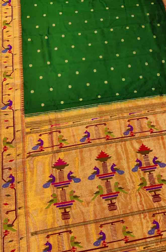 Green Handloom Paithani Pure Silk Muniya Border Peacock Design Saree - Luxurion World
