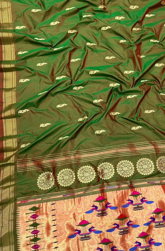 Green Handloom Paithani Pure Silk Saree - Luxurion World