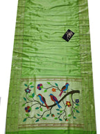 Green Handloom Paithani Pure Silk Triple Muniya Border Bird Design Saree - Luxurion World