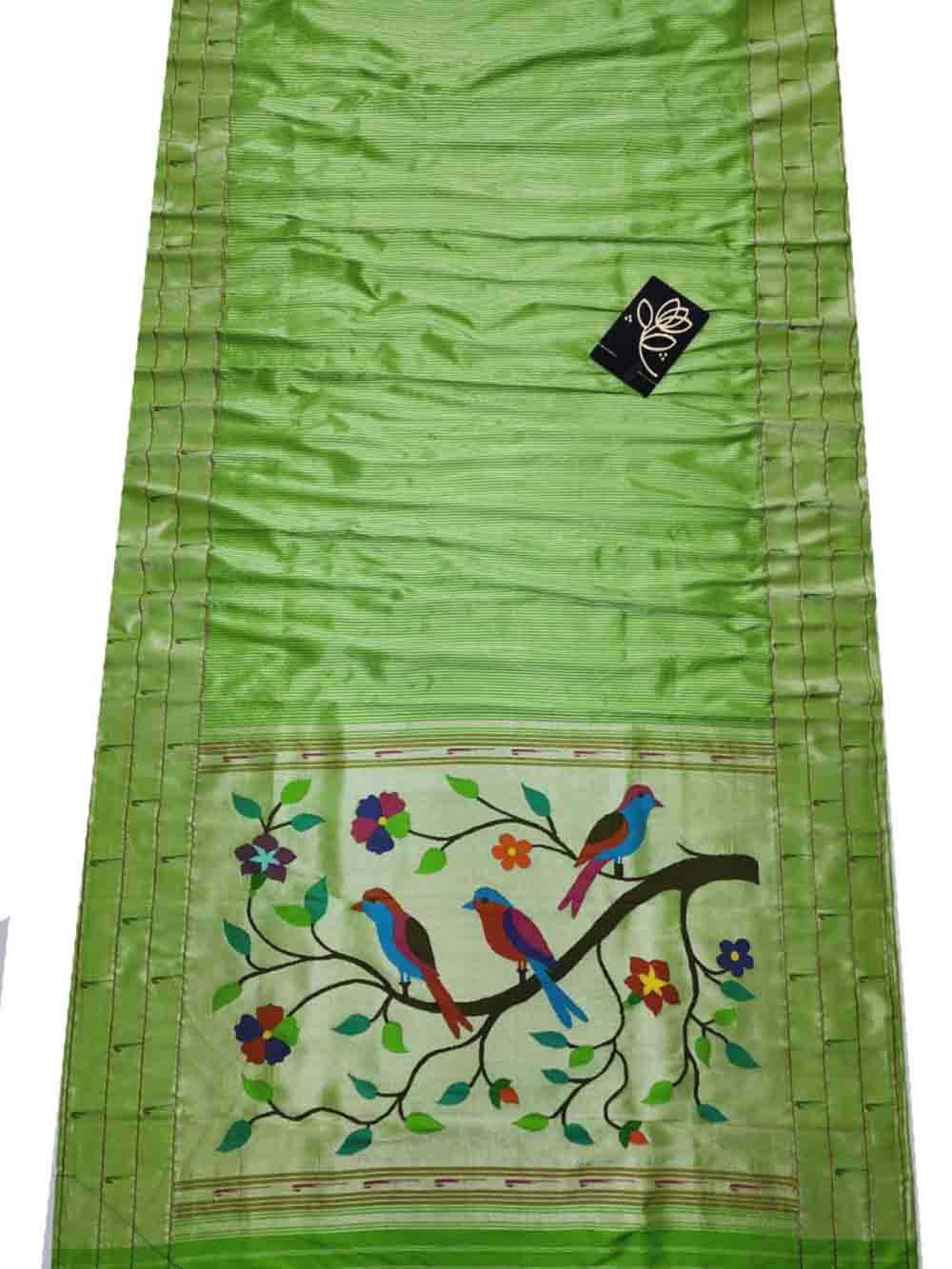 Green Handloom Paithani Pure Silk Triple Muniya Border Bird Design Saree - Luxurion World