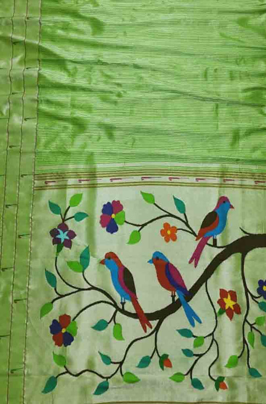 Green Handloom Paithani Pure Silk Triple Muniya Border Bird Design Saree - Luxurion World