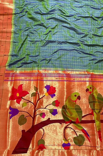 Green Handloom Paithani Pure Silk Triple Muniya Border Checks Design Saree Luxurionworld