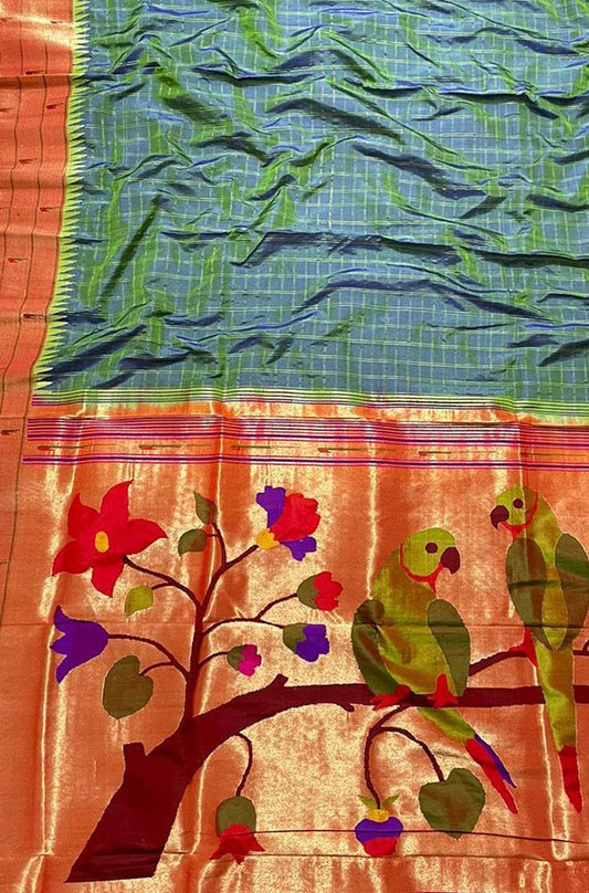Green Handloom Paithani Pure Silk Triple Muniya Border Checks Design Saree - Luxurion World