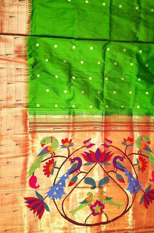 Green Handloom Paithani Pure Silk Triple Muniya Border Peacock And Parrot Design Saree - Luxurion World