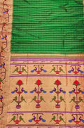 Green Handloom Paithani Pure Silk Triple Muniya Border Peacock Design Saree - Luxurion World