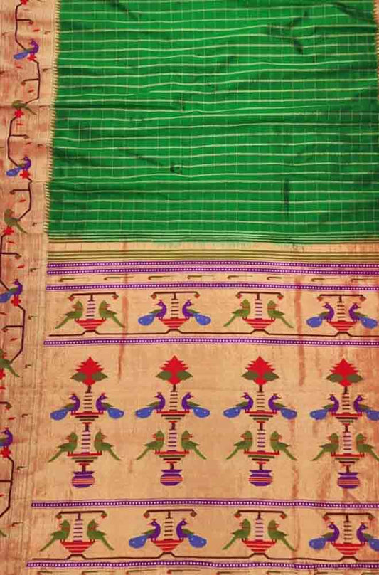 Green Handloom Paithani Pure Silk Triple Muniya Border Peacock Design Saree - Luxurion World