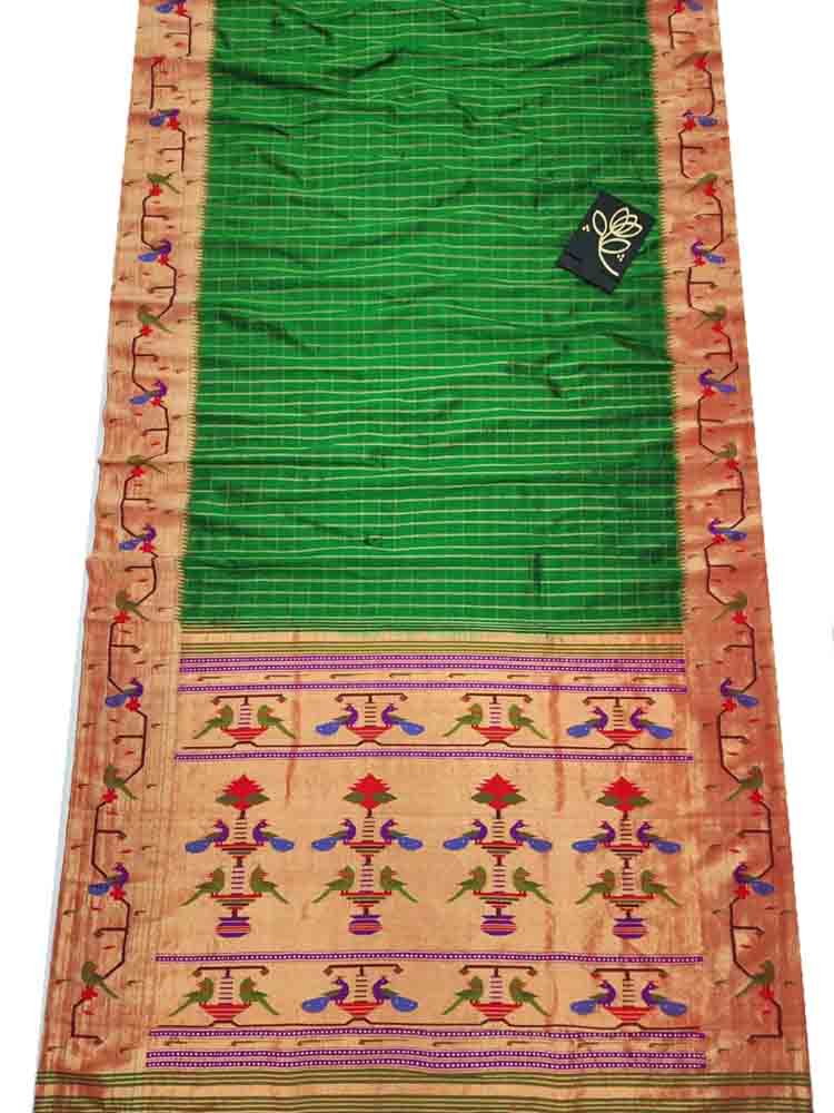 Green Handloom Paithani Pure Silk Triple Muniya Border Peacock Design Saree