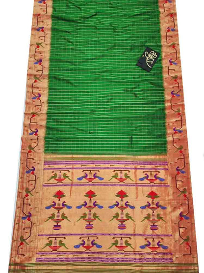 Green Handloom Paithani Pure Silk Triple Muniya Border Peacock Design Saree - Luxurion World