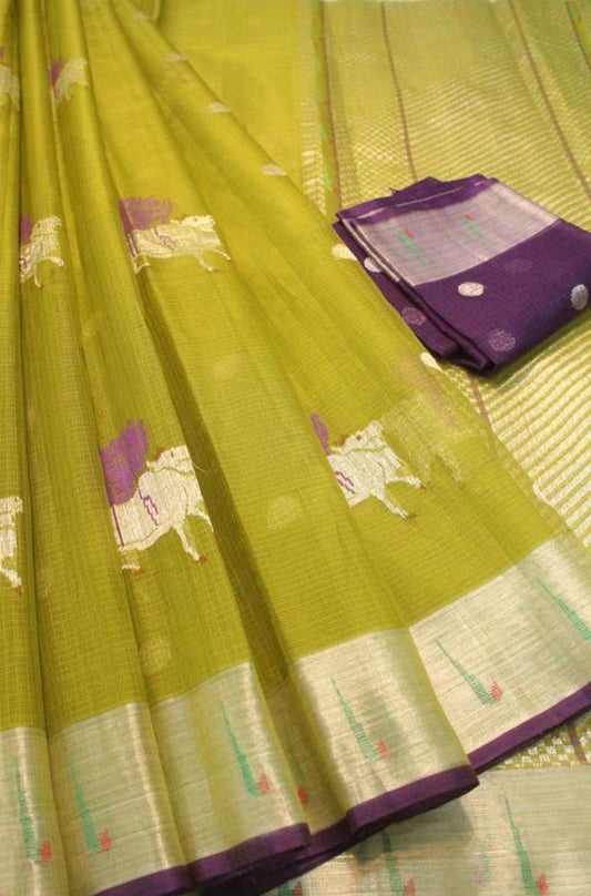 Green Handloom Pichhwai Kota Doria Real Zari Saree - Luxurion World