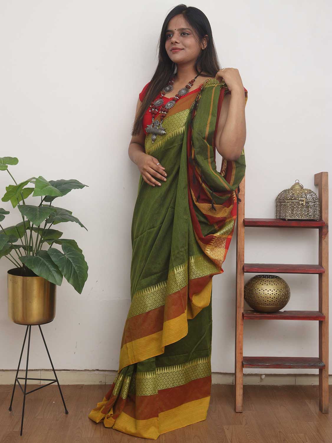 Green Handloom Plain Bengal Cotton Saree - Luxurion World