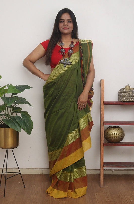 Green Handloom Plain Bengal Cotton Saree - Luxurion World