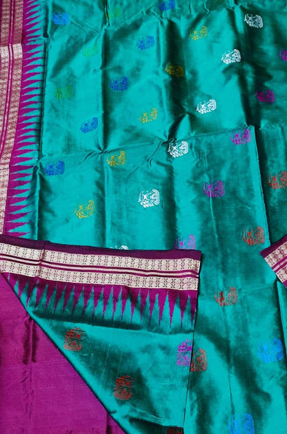 Green Handloom Sambalpuri Double Ikat Silk Saree - Luxurion World
