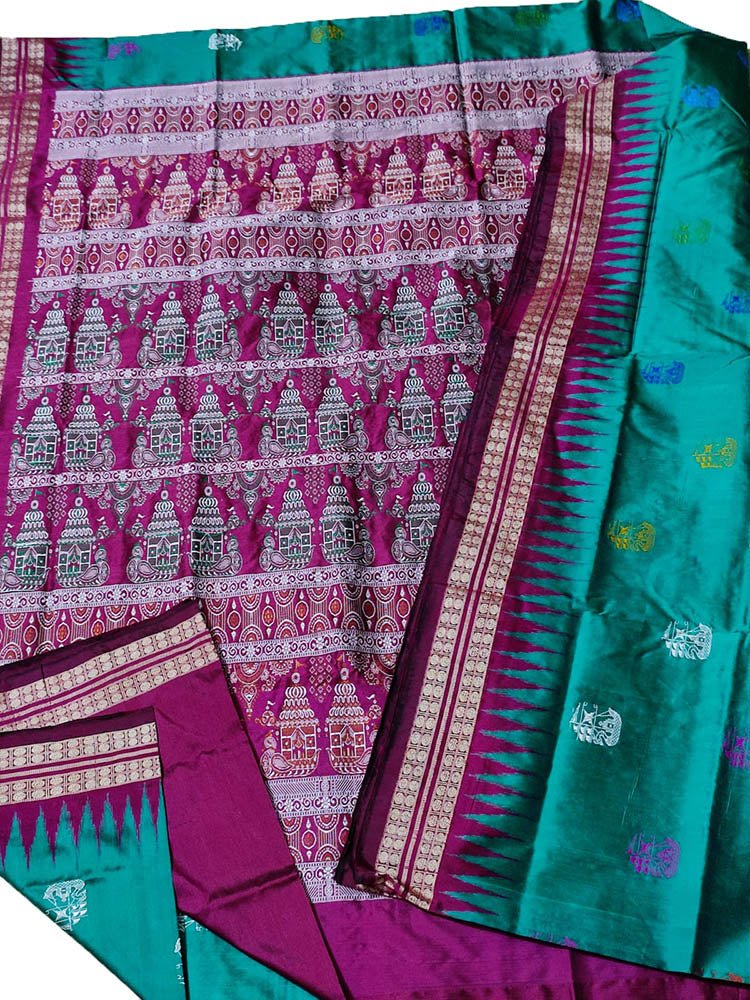 Green Handloom Sambalpuri Double Ikat Silk Saree - Luxurion World