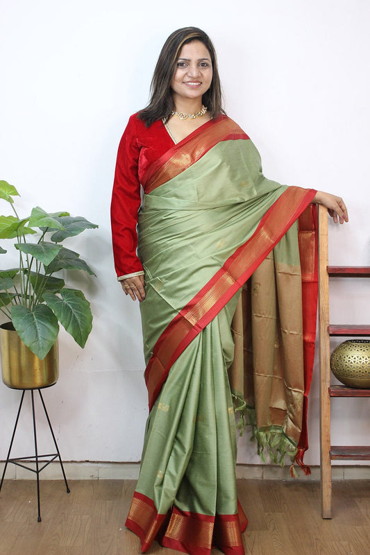 Green Paithani Cotton Silk Saree - Luxurion World