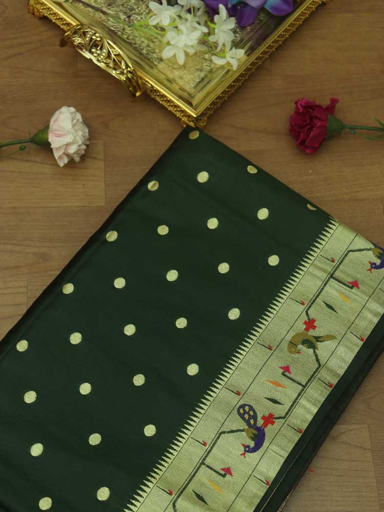 Green Paithani Silk Bird And Flower Design Saree - Luxurion World