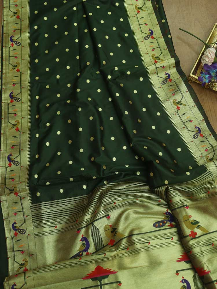 Green Paithani Silk Bird And Flower Design Saree - Luxurion World