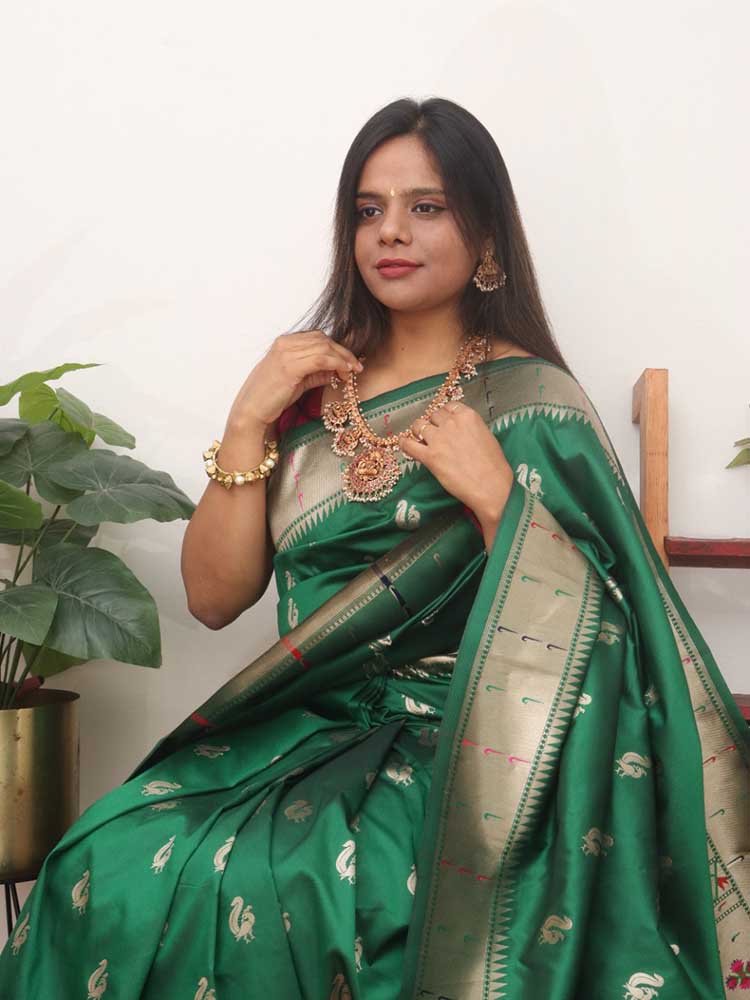 Green Paithani Silk Flower Design Muniya Border Saree - Luxurion World