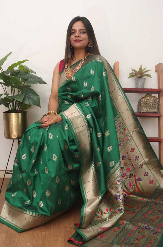 Green Paithani Silk Flower Design Muniya Border Saree - Luxurion World