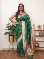 Green Paithani Silk Flower Design Muniya Border Saree - Luxurion World