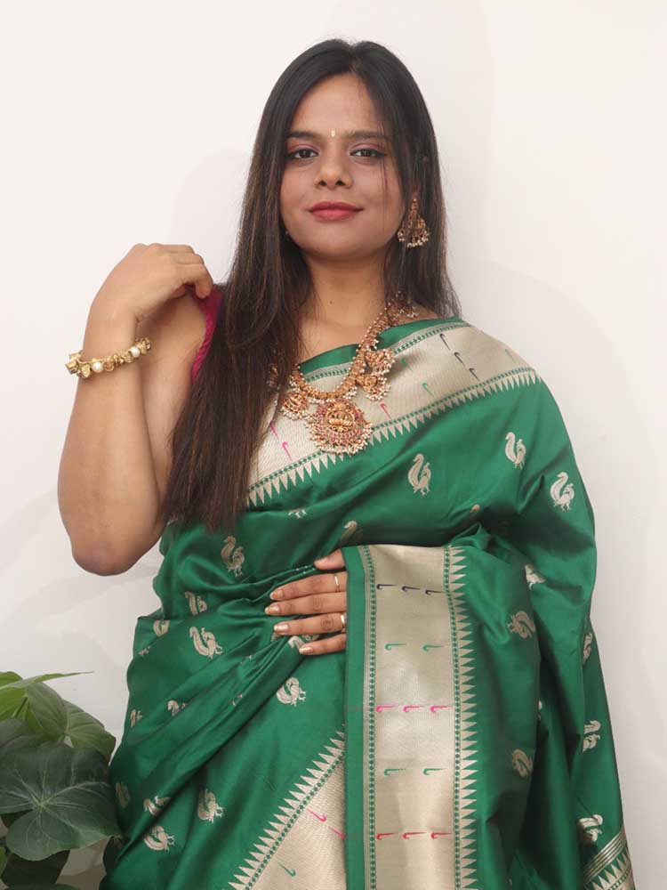Green Paithani Silk Flower Design Muniya Border Saree - Luxurion World