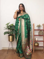 Green Paithani Silk Flower Design Muniya Border Saree - Luxurion World