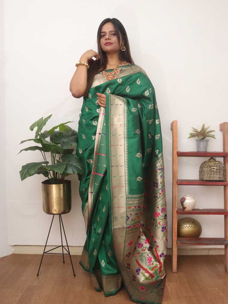 Green Paithani Silk Flower Design Muniya Border Saree - Luxurion World