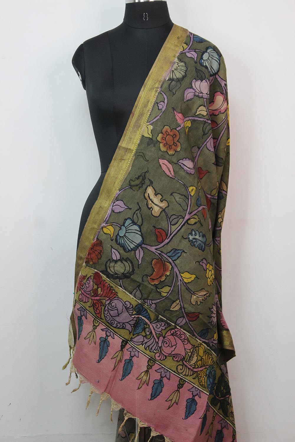 Green Pen Kalamkari Pure Silk Dupatta - Luxurion World