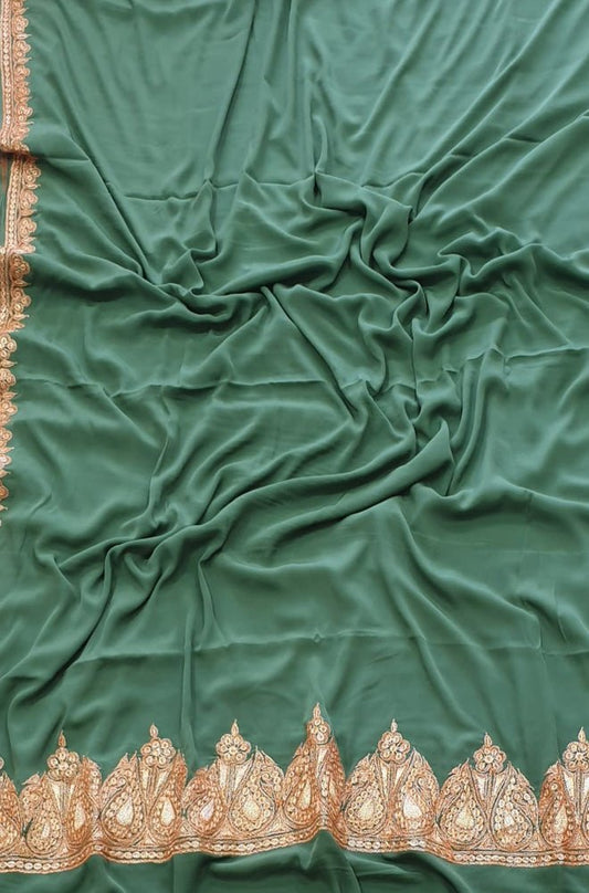 Green Plain Embroidered Kashmiri Tila Work Crepe Saree - Luxurion World