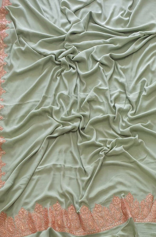 Green Plain Embroidered Kashmiri Tila Work Crepe Saree