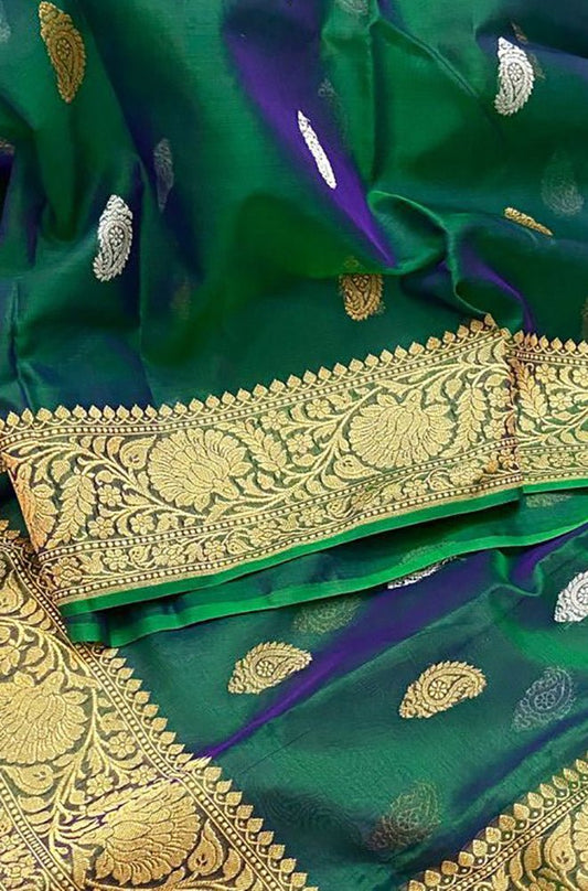 Green Shot Handloom Banarasi Pure Kora Silk Sona Roopa Saree - Luxurion World