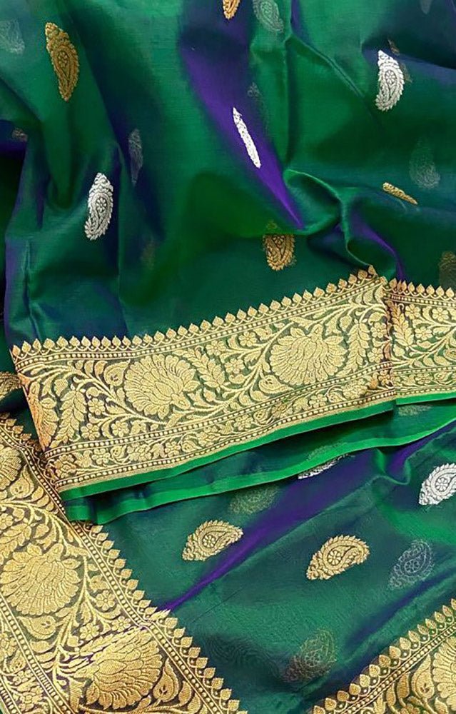 Green Shot Handloom Banarasi Pure Kora Silk Sona Roopa Saree - Luxurion World