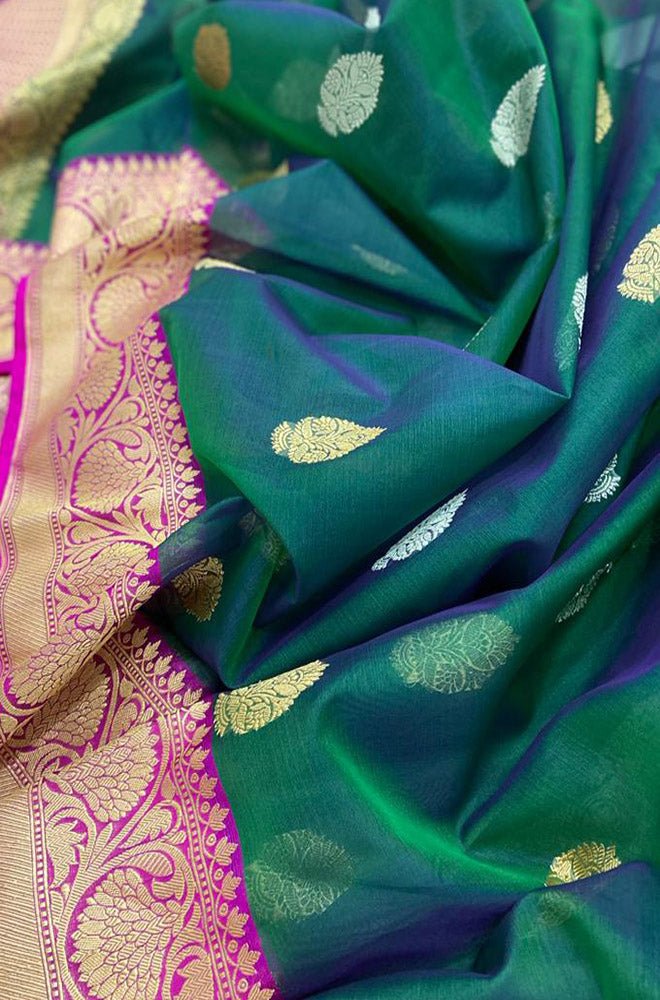 Green Shot Handloom Banarasi Pure Kora Silk Sona Roopa Saree - Luxurion World