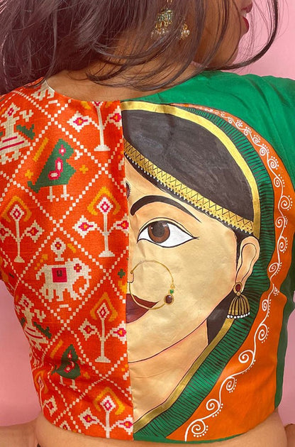 Green Patola And Hand Painted Pure Silk U Neck Non Padded Stitched Blouse - Luxurion World