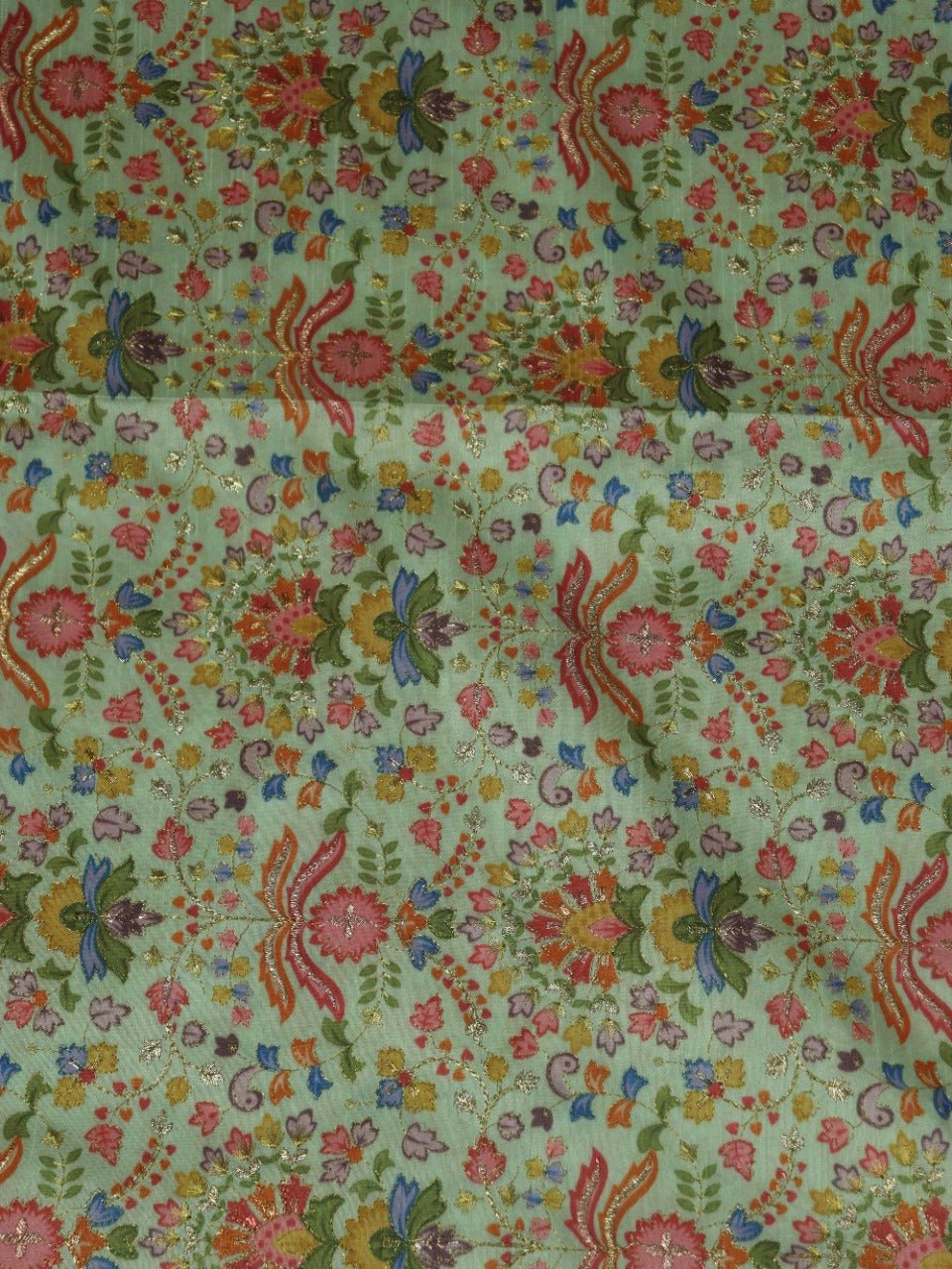 Green Trendy Chanderi Silk Printed Zari Work Fabric (1Mtr) - Luxurion World