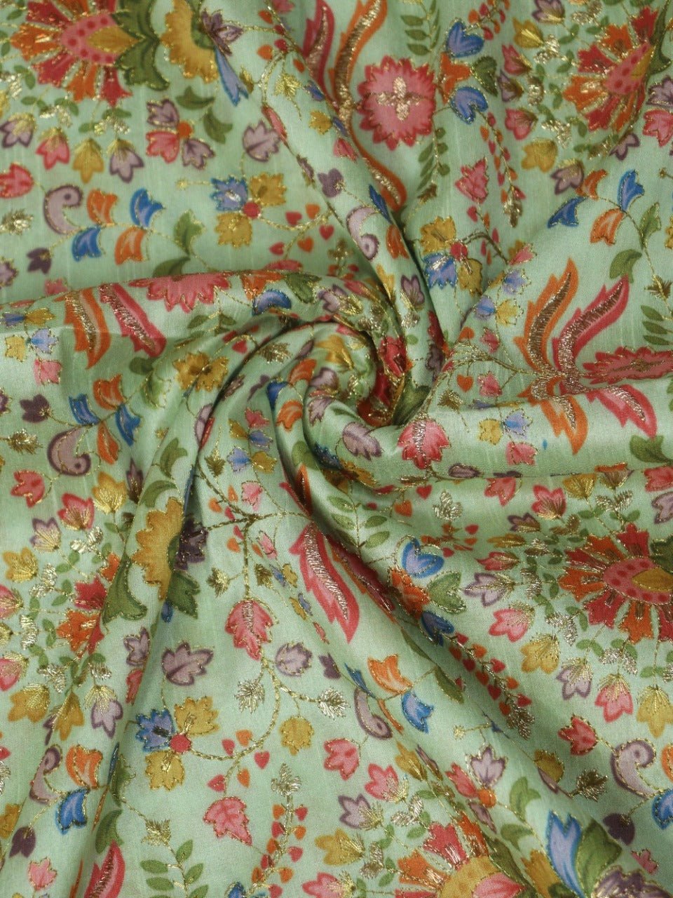 Green Trendy Chanderi Silk Printed Zari Work Fabric (1Mtr) - Luxurion World