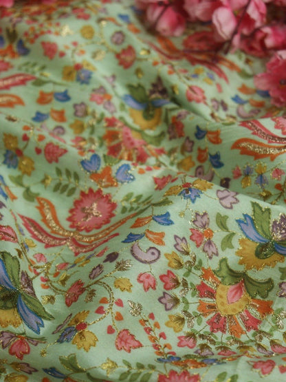 Green Trendy Chanderi Silk Printed Zari Work Fabric (1Mtr) - Luxurion World