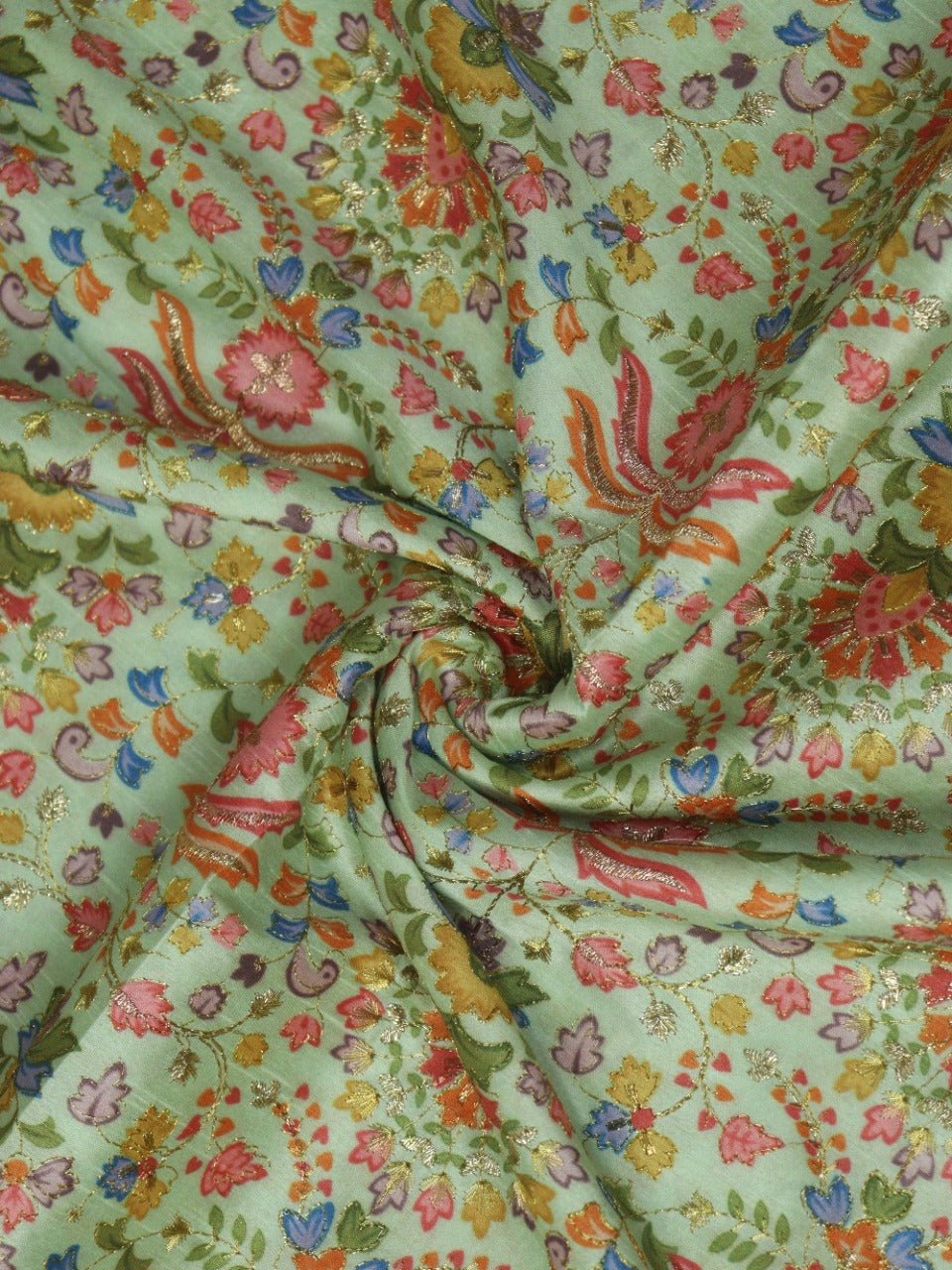 Green Trendy Chanderi Silk Printed Zari Work Fabric (1Mtr) - Luxurion World